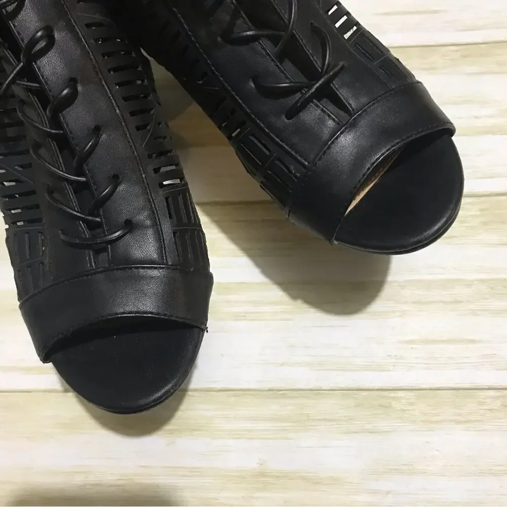 Sam Edelman‎ Rocco Black Cut Out Mesh Lace Up Open Toe Heel Bootie Size 7.5